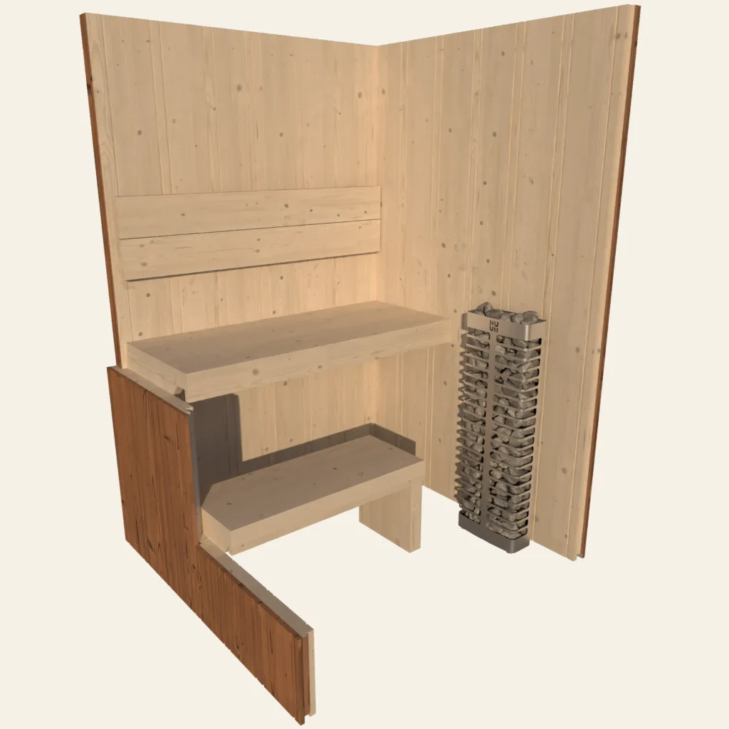 Cutaway of the OneEighty Small Indoor sauna showing the Natural Spruce interior, benches and heater behind a Thermo Spruce outer wall