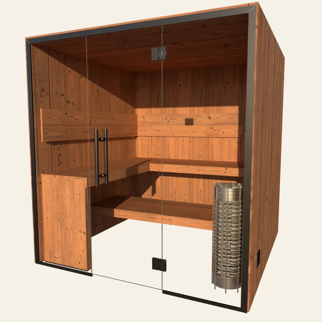 OneEighty Large Indoor sauna with a Thermo Spruce exterior and Thermo Spruce interior