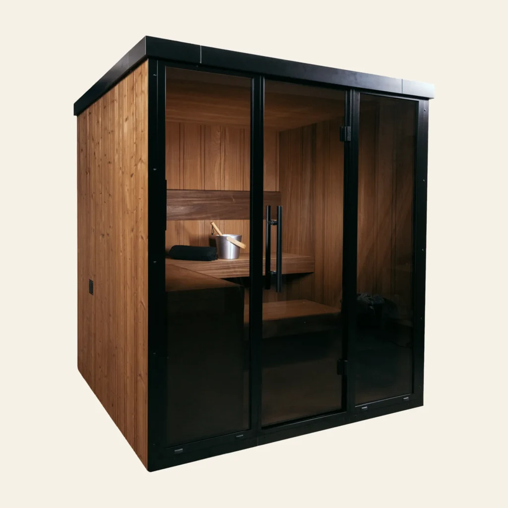 OneEighty Large Outdoor sauna with the Thermo Abachi interior option seen through the glass front