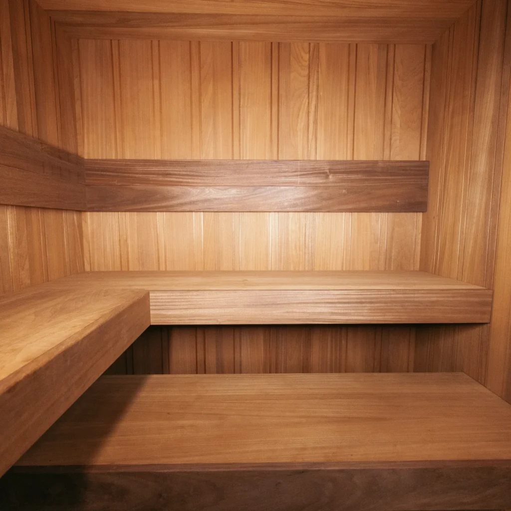 L-shaped bench in the Thermo Abachi interior option of the OneEighty Large Outdoor sauna