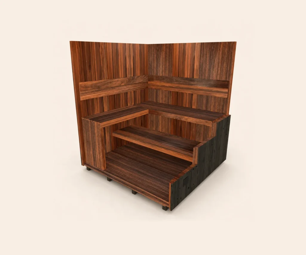 L-shaped bench layout for the OneEighty Large Outdoor sauna, with two upper benches and one lower bench
