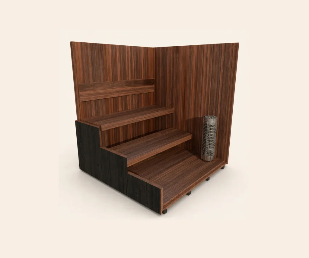 Straight bench layout for the OneEighty Large Outdoor sauna, with one upper bench and one lower bench