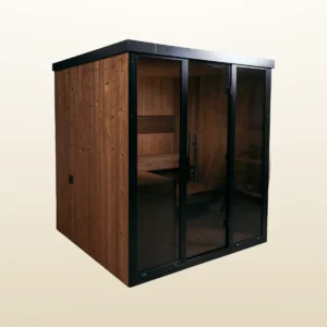 OneEighty Large Outdoor sauna in natural thermo spruce with a black aluminium glass front