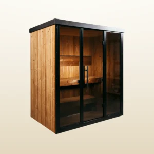 OneEighty Medium Outdoor sauna in natural thermo spruce with a black aluminium glass front