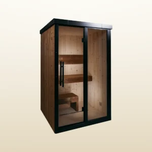 OneEighty Small Outdoor sauna in natural thermo spruce with a black aluminium glass front