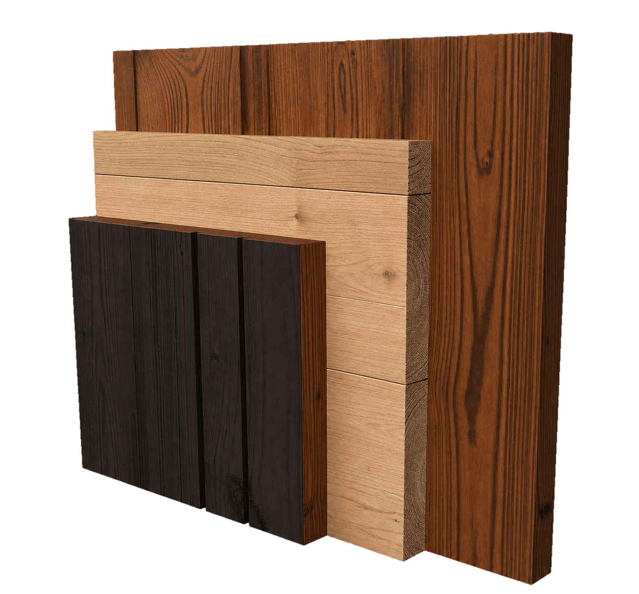 Exploded view of the OneEighty CLT sauna wall panel layers