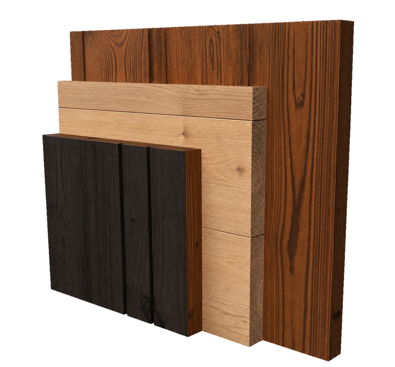 Exploded view of the OneEighty CLT sauna wall panel layers