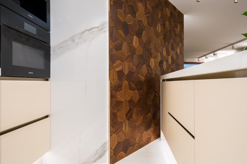 EmotionWood Hexagon oak panels forming a warm feature wall