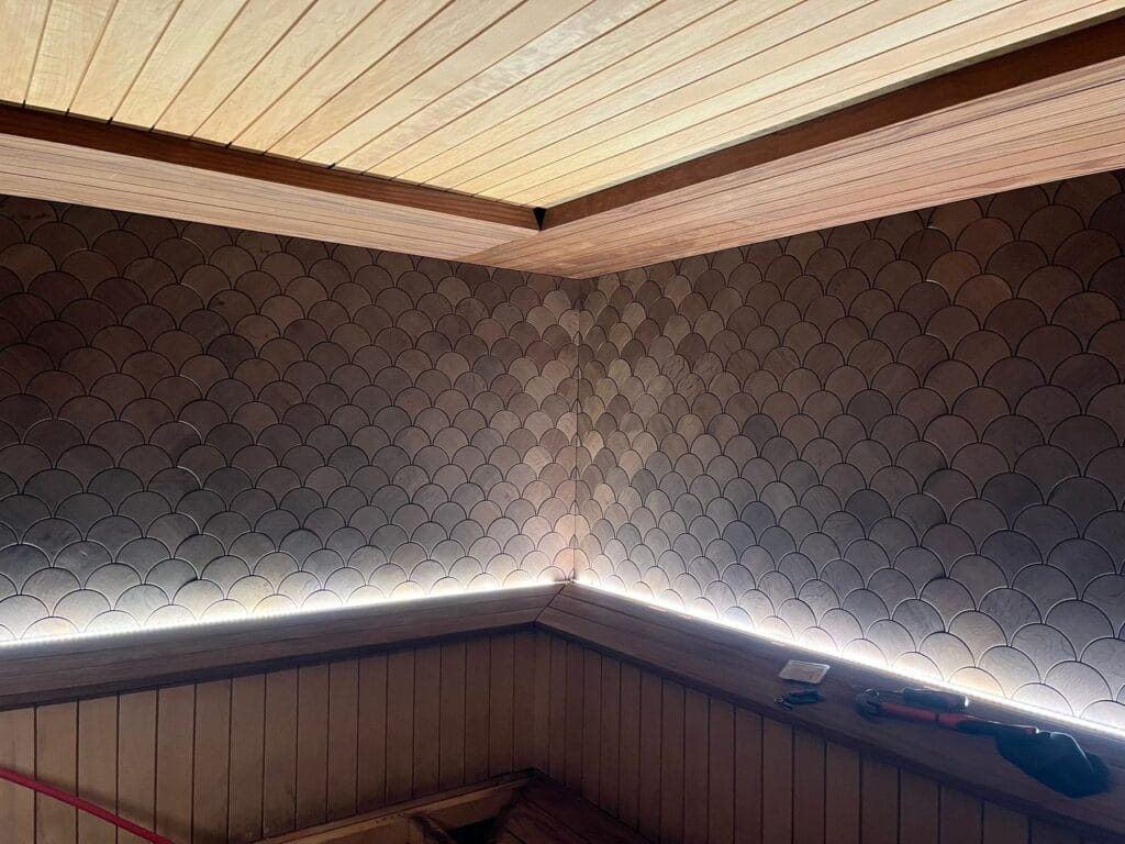 Fish Scale wood panel sauna wall detail