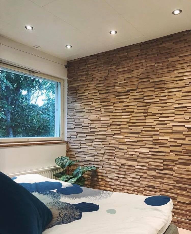 Noble oak wood panel wall in a bedroom