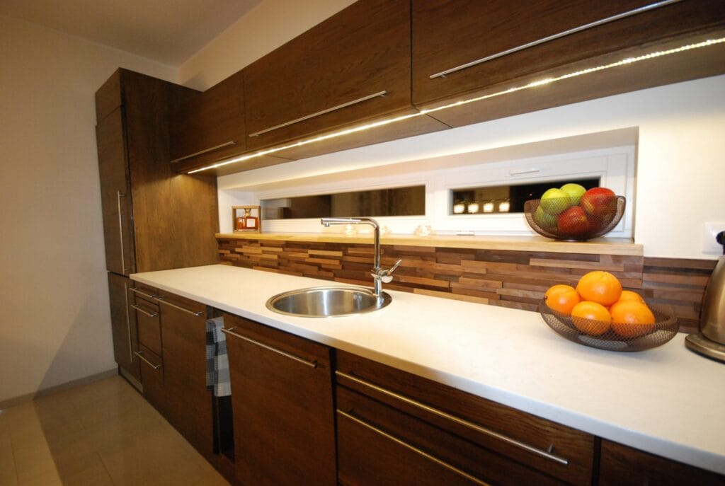 Noble wood panel kitchen splashback