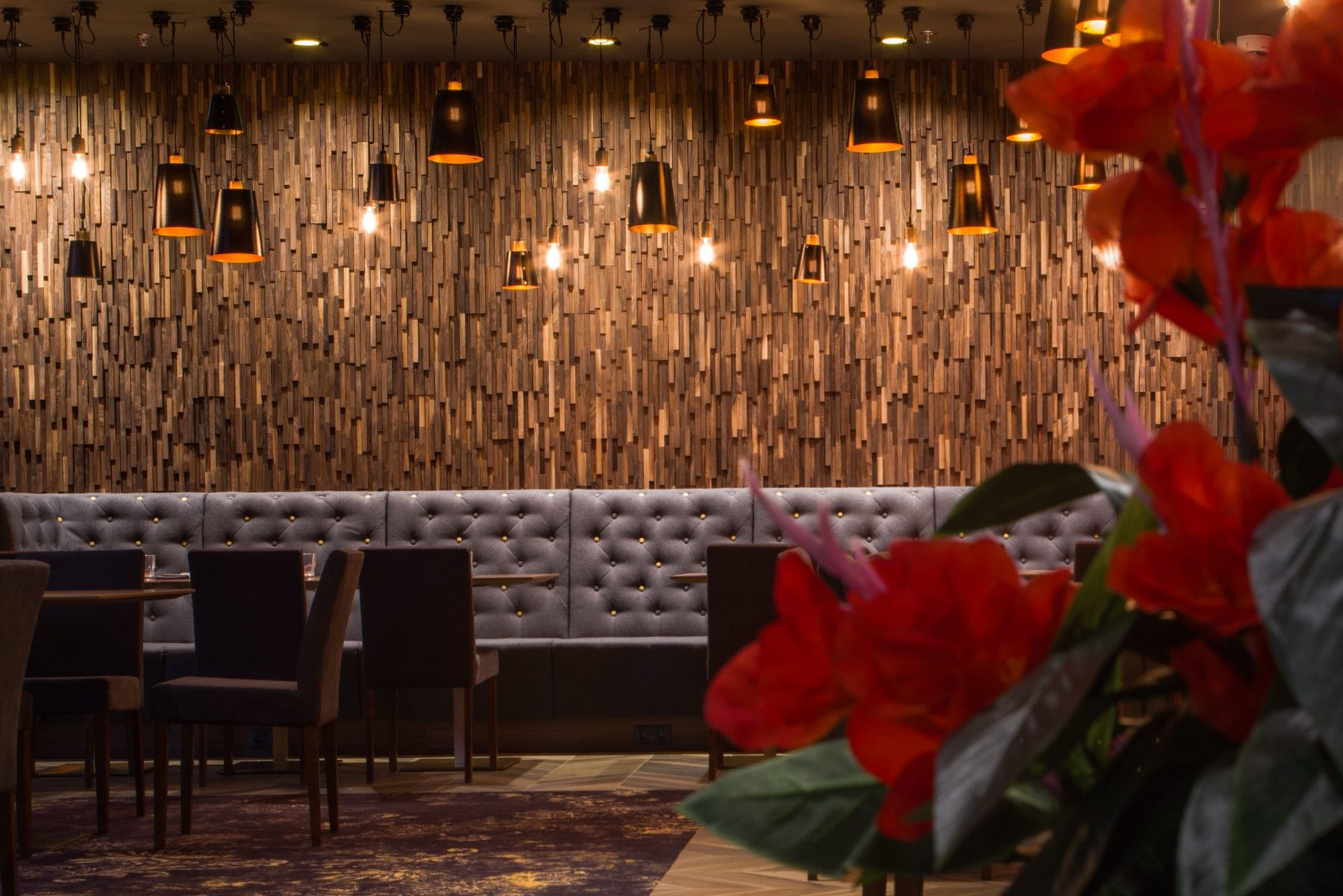 Noble wood panel feature wall in a restaurant