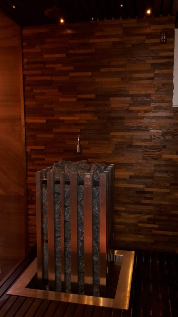 Noble thermo wood panel wall in a sauna