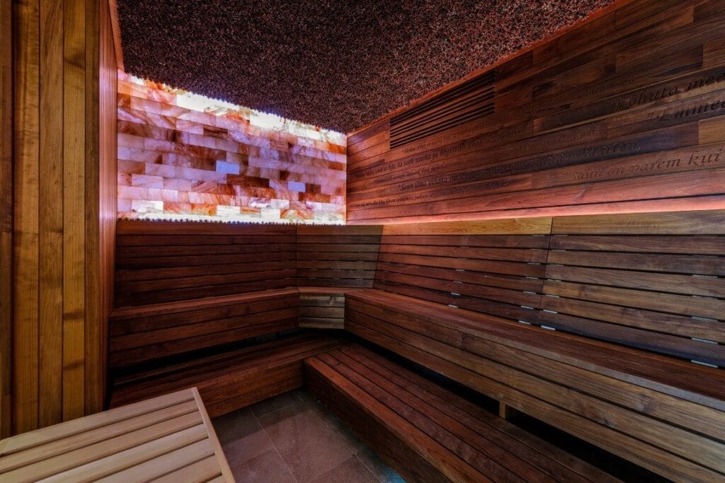 Pine cone panel ceiling above a sauna, EmotionWood Pinecone