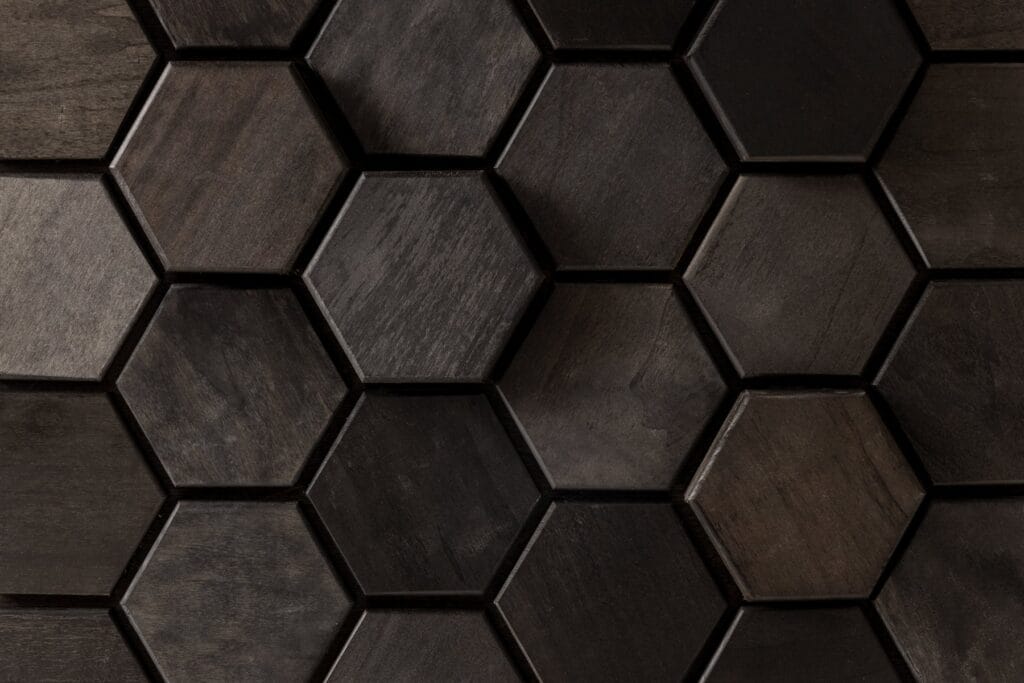Promenade 3D black honeycomb deep-relief wood panel swatch, EmotionWood