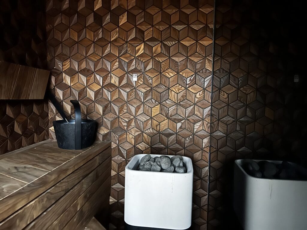 Quartz cube wood panel sauna wall with heater