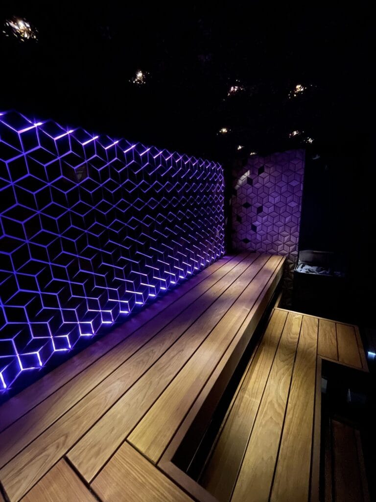 Quartz cube wood panel sauna with purple LED backlight
