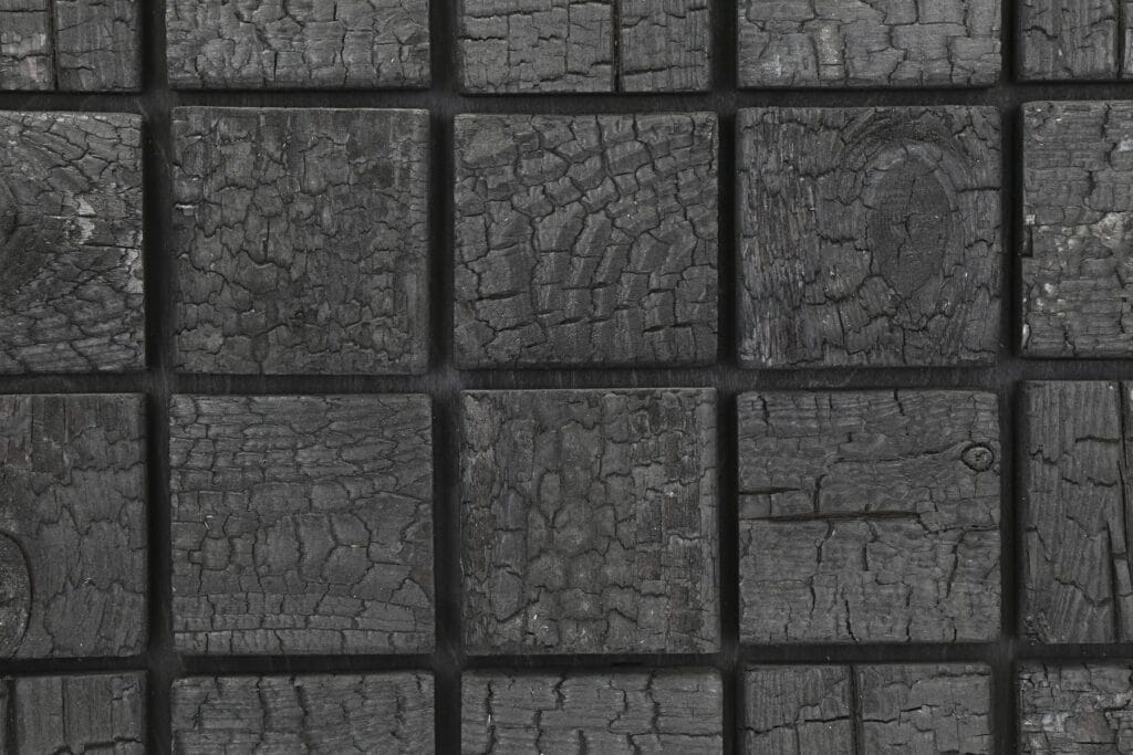Square 120 Yakisugi charred black tile detail, EmotionWood