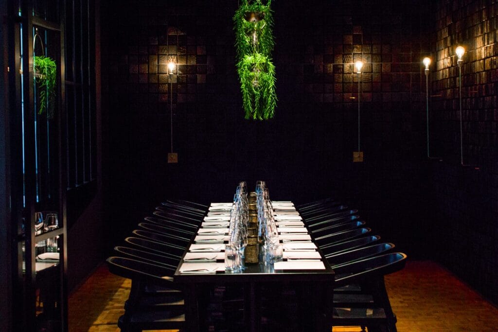 Charred Square wood tiles in a restaurant dining room, EmotionWood