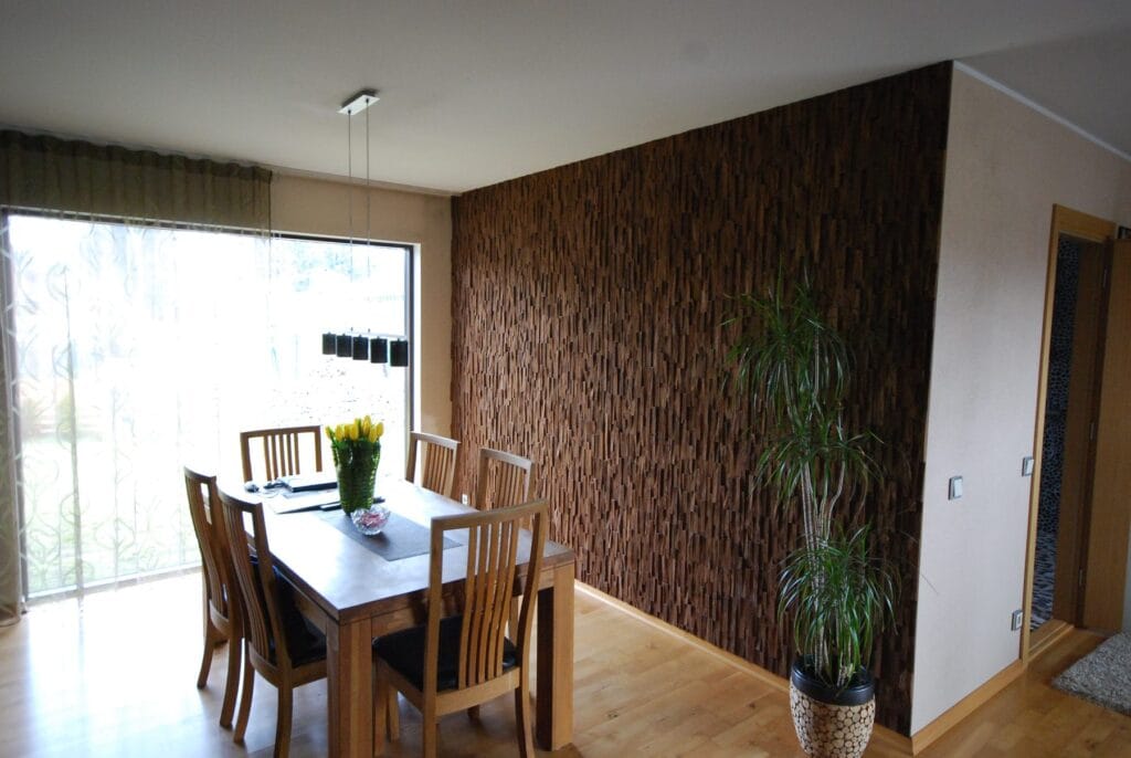 Trail 23 wood wall panels in a dining room feature wall, EmotionWood
