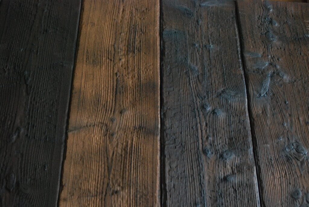 Yakisugi charred board sample beside a natural timber board